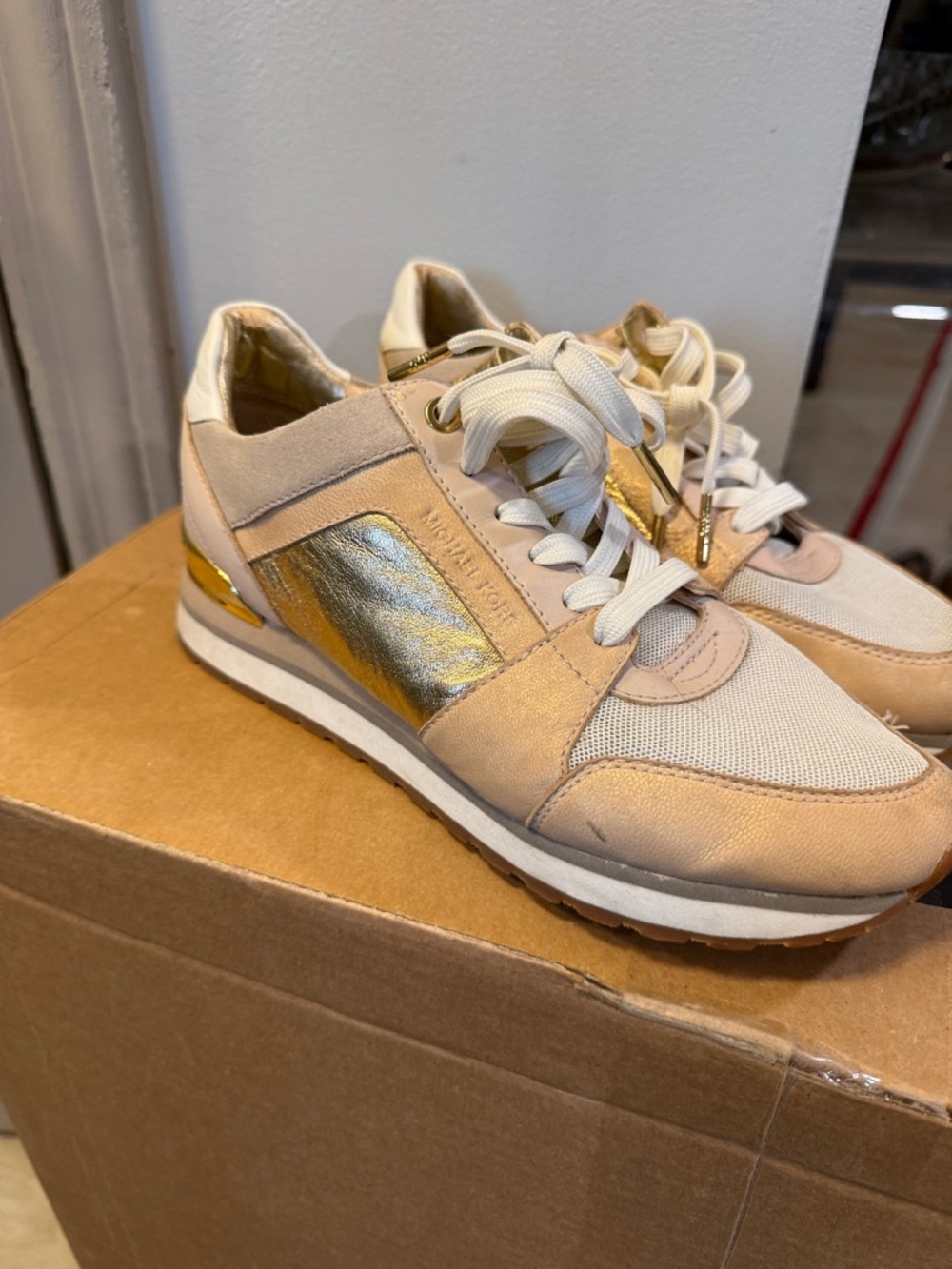 Michael Kors Cream and Gold Mixed-Media Sneakers